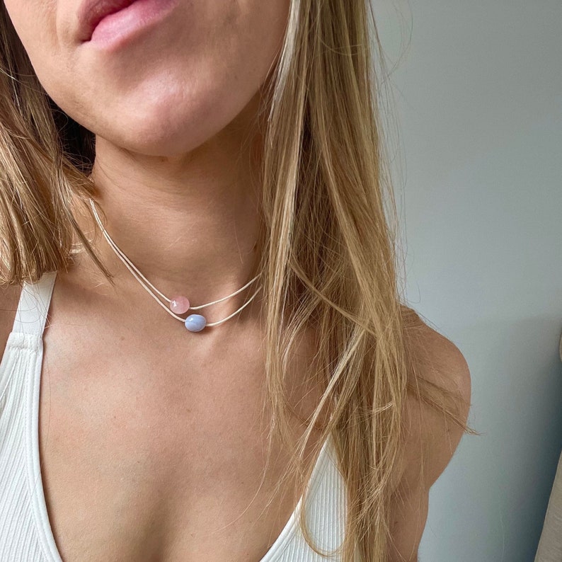 Choose Your Stones Double Layer Gemstone Necklace, Adjustable Cord Choker Necklace, String Crystal Jewellery,Aquamarine,Amethyst,Rose Quartz image 1