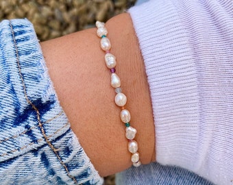 Gemstone and Pearl Anklet, Tiny Gemstone beaded anklet, Dainty Pearl Jewellery,Minimal Birthstone Stretch Anklets, Rose Quartz Amethyst Onyx