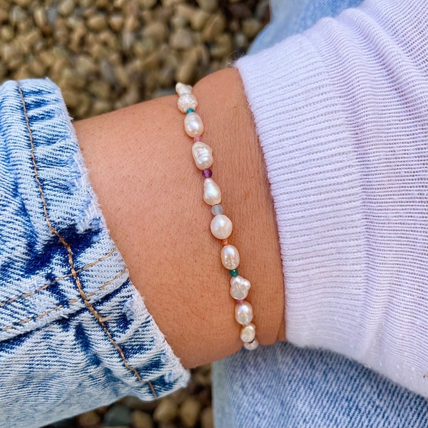 Gemstone and Pearl Anklet, Tiny Gemstone beaded anklet, Dainty Pearl Jewellery,Minimal Birthstone Stretch Anklets, Rose Quartz Amethyst Onyx