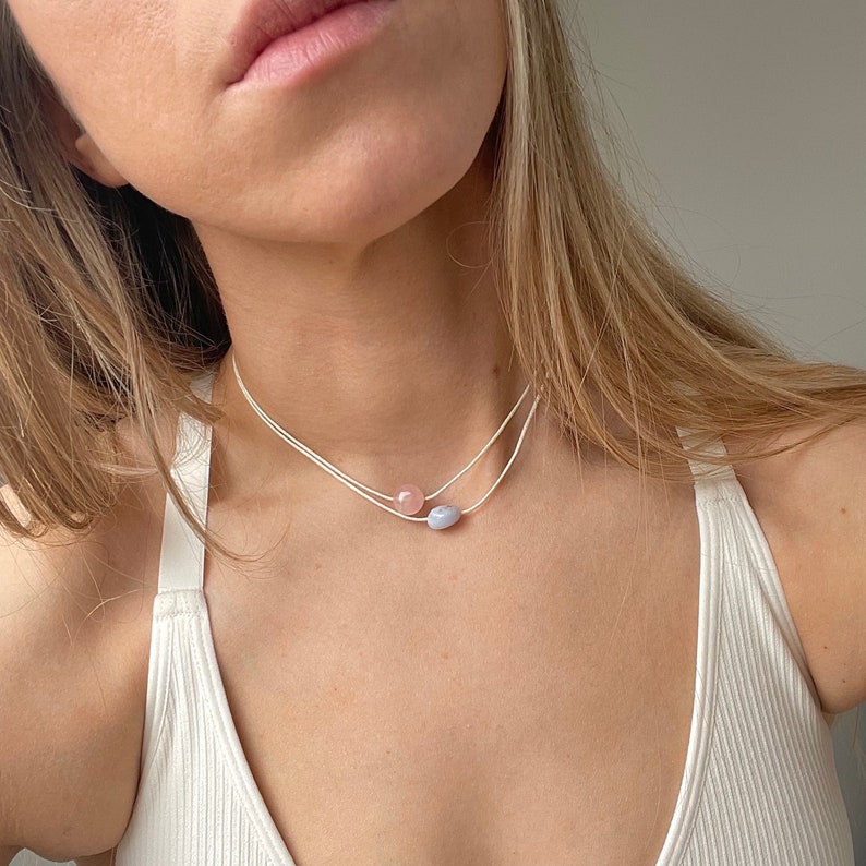 Choose Your Stones Double Layer Gemstone Necklace, Adjustable Cord Choker Necklace, String Crystal Jewellery,Aquamarine,Amethyst,Rose Quartz image 2