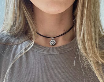 Silver Sunflower Charm Choker, Black Cord Adjustable Choker, Double String Choker with Flower Charm, Simple Sun Flower Necklace for girls