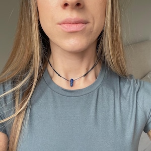 Blue Lapis lazuli Crystal Choker, Lapis Chip Beaded Gemstone Necklace, Adjustable Cord String Choker with Gem,Stocking Gift Serenity Project