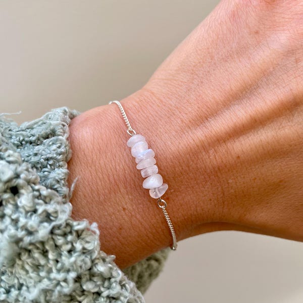 Rainbow Moonstone Bracelet, Cluster Crystal Bar Bracelet, Silver Beaded Bracelet, Gemstone Bracelet, Dainty bracelet, Jewellery For Her Gift