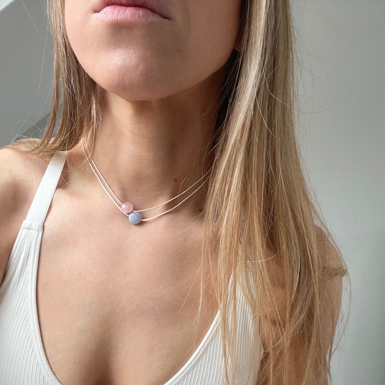 Choose Your Stones Double Layer Gemstone Necklace, Adjustable Cord Choker Necklace, String Crystal Jewellery,Aquamarine,Amethyst,Rose Quartz image 4