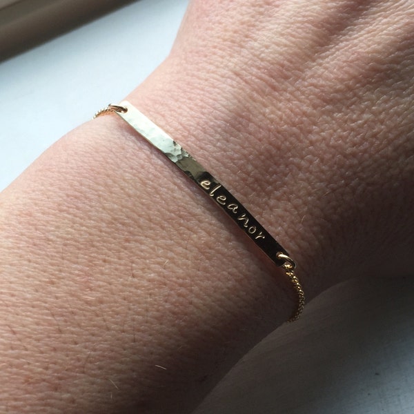 Thin Dainty Gold Long Bar Bracelet, Personalized Simple Everyday Jewelry, Skinny Custom Word Layering Initial, Customized Hammered