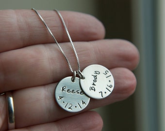 Sterling Silver Two Kids Name Birthdate Disc Necklace, Family Necklace, Custom Birth Date Necklace, Personalized Simple Everyday Mom Jewelry