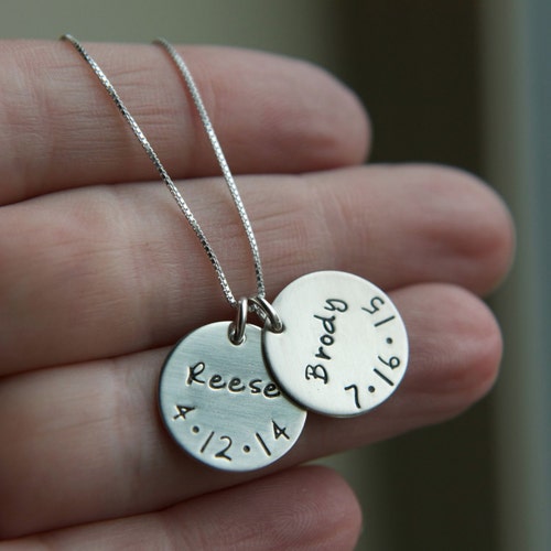 Sterling Silver Two Kids Name Birthdate Disc Necklace Family Etsy