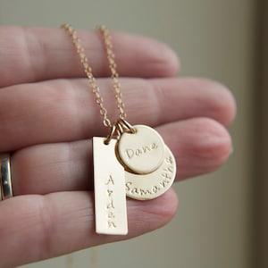 Personalized Gold Family Necklace, 14k Gold Filled Mom Necklace, Hand Stamped Personalized 3 Charm Necklace, Custom Engraved Kids Names