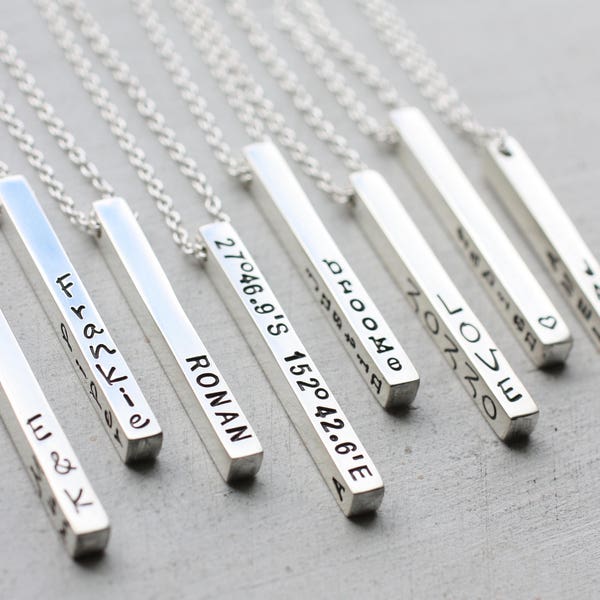 Personalized 3D Sterling Silver Bar Necklace, Dainty Vertical Bar Sterling Silver Jewelry, Engrave On All Four Sides, Column Pendant