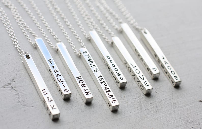 Personalized 3D Sterling Silver Bar Necklace, Dainty Vertical Bar Sterling Silver Jewelry, Engrave On All Four Sides, Column Pendant 