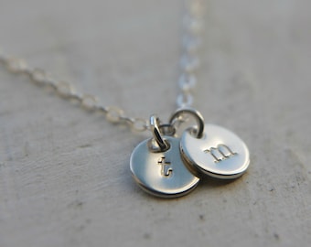 Two Tiny Sterling Silver Disc Necklace, Initial Charm Jewelry, Dainty Delicate Letter Necklace, Small Simple Everyday Layering Necklace