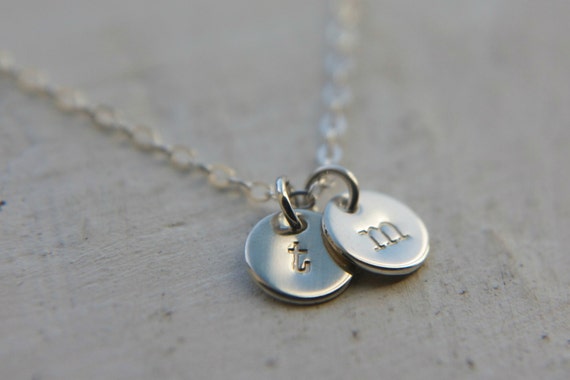 Two Tiny Sterling Silver Disc Necklace, Initial Charm Jewelry
