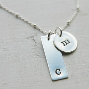 Two Charm Silver Initial Necklace, Sterling Silver, Mom Necklace, Hand Stamped Personalized Engraved 2 Kids Initial Necklace, Modern Mommy