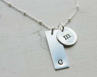 Two Charm Silver Initial Necklace, Sterling Silver, Mom Necklace, Hand Stamped Personalized Engraved 2 Kids Initial Necklace, Modern Mommy