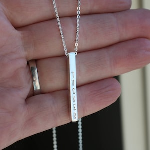 Personalized 3D Sterling Silver Bar Necklace, Dainty Vertical Bar Sterling Silver Jewelry, Engrave On All Four Sides, Column Pendant image 6