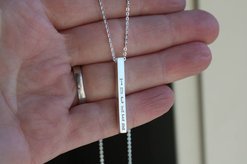 Personalized 3D Sterling Silver Bar Necklace, Dainty Vertical Bar Sterling Silver Jewelry, Engrave On All Four Sides, Column Pendant image 6