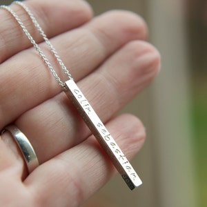 Personalized 3D Sterling Silver Long Bar Necklace, Dainty Vertical Bar Sterling Silver Jewelry, Engrave On All Four Sides, Customized Name