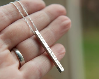 Personalized 3D Sterling Silver Long Bar Necklace, Dainty Vertical Bar Sterling Silver Jewelry, Engrave On All Four Sides, Customized Name