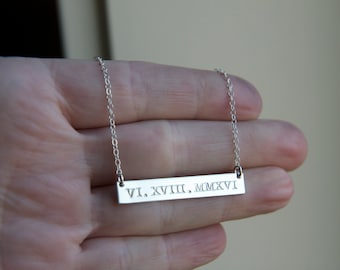 Silver Bar Wedding Date Necklace, Sterling Roman Numeral Date Jewelry, Name Plate Nameplate, Personalized Necklace, Hand Stamped, Customized