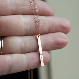 Thin Dainty Rose Gold Bar Necklace, Personalized 14k Pink Gold-Filled Bar, Simple Everyday, Skinny Vertical Bar Necklace, Layering,