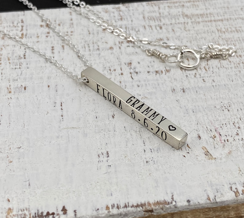 Personalized 3D Sterling Silver Bar Necklace, Dainty Vertical Bar Sterling Silver Jewelry, Engrave On All Four Sides, Column Pendant image 4