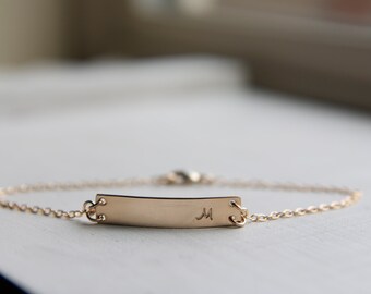 Personalized Gold Bar Bracelet, Customized Initial Word Jewelry, Name Plate Nameplate Bracelet, Hand Stamped Jewelry Horizontal Bar Monogram