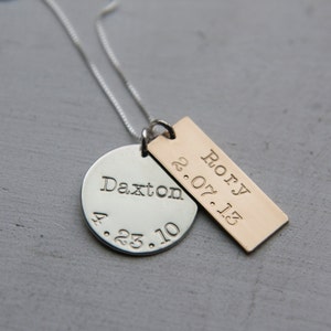 Mixed Metal Personalized Necklace, Sterling Silver & Gold, Kids Name Birthday Jewelry, Family Necklace, Custom Birthdate Necklace, Mom
