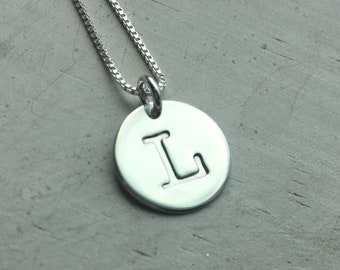 Initial Necklace, Sterling Silver Necklace, Initial Disc Necklace, Custom Necklace, Typewriter Font Letter Charm, Personalized Necklace