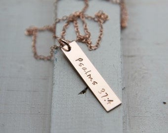Personalized Rose Gold Vertical Bar Necklace, Custom Pink Gold Jewelry, Custom Kids Name, Inspirational Word Charm Hand Stamped Jewelry