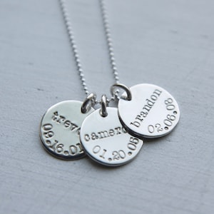 Kids Name Necklace, Sterling Silver, Family Necklace, Custom Birthdate Necklace, Personalized Simple Everyday Mom Jewelry, 3 charm Keepsake