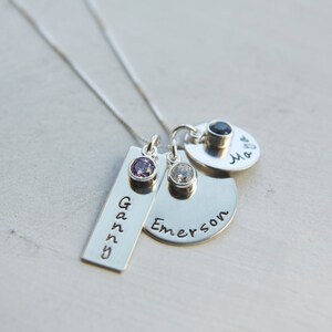 Family Necklace with Birthstones, Sterling Silver, Mom Necklace, Hand Stamped Personalized 3 Charm, Engraved Kids Names Mommy Necklace