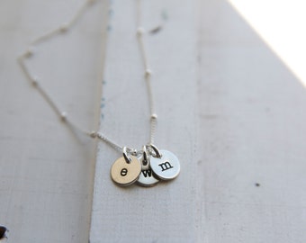 Tiny Sterling Silver Disc Charm Necklace, Three Initial Necklace, Dainty Delicate Letter Jewelry, Small Simple Everyday Layering Necklace