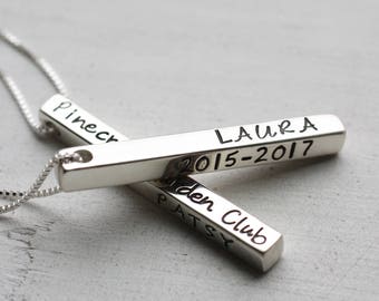 Long 3D Sterling Silver Bar Necklace, Personalized, Vertical Bar Sterling Silver Jewelry, Engrave On All Four Sides, Customized Name