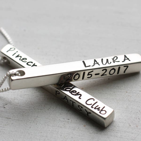 Long 3D Sterling Silver Bar Necklace, Personalized, Vertical Bar Sterling Silver Jewelry, Engrave On All Four Sides, Customized Name