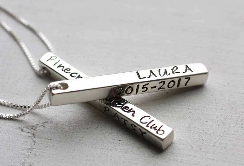 Long 3D Sterling Silver Bar Necklace, Personalized, Vertical Bar Sterling Silver Jewelry, Engrave On All Four Sides, Customized Name 