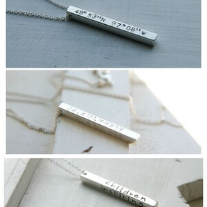 Personalized 3D Sterling Silver Bar Necklace, Dainty Vertical Bar Sterling Silver Jewelry, Engrave On All Four Sides, Column Pendant image 9