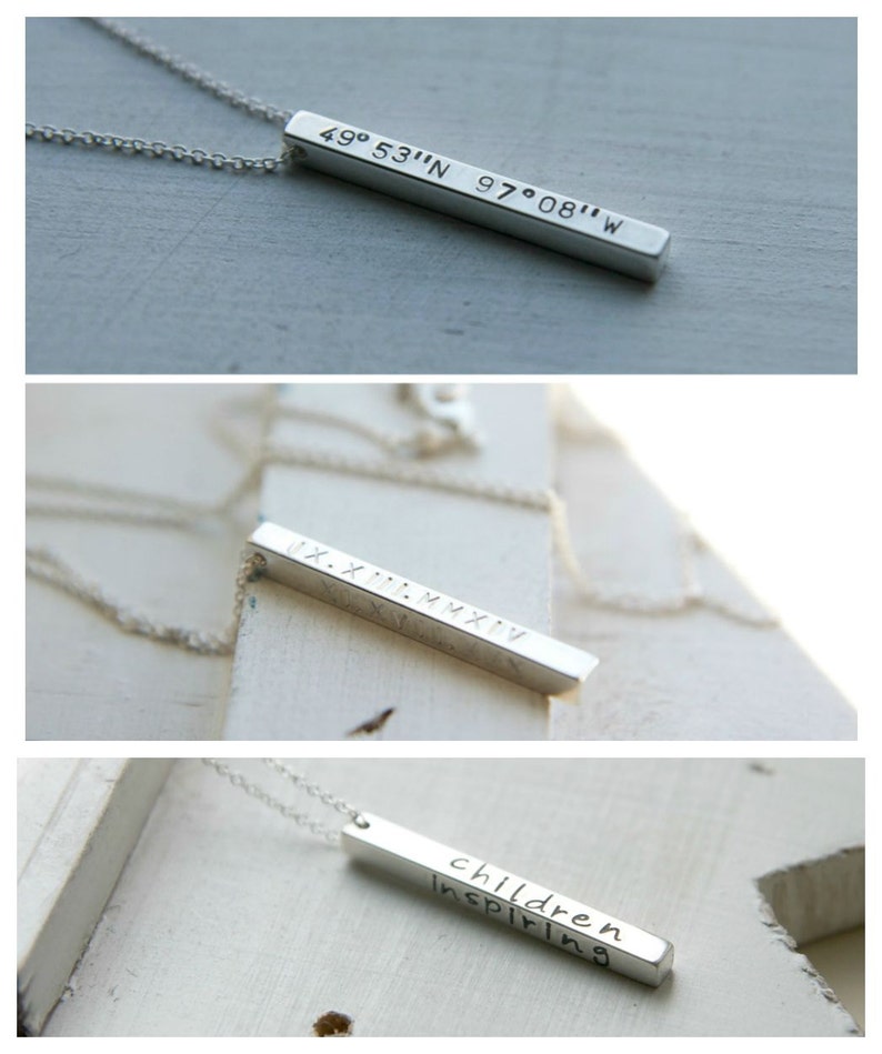 Personalized 3D Sterling Silver Bar Necklace, Dainty Vertical Bar Sterling Silver Jewelry, Engrave On All Four Sides, Column Pendant image 9