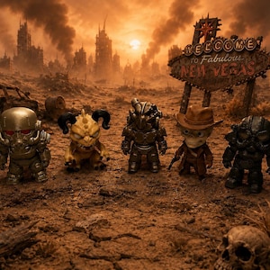May include: Five stylized collectible figurines standing in a desert landscape with a Welcome to Fabulous New Vegas sign. The figures include a gold armored character, a yellow horned creature, a metallic soldier, a cowboy ghoul, and a dark armored figure.