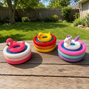 May include: Three small inflatable pool toys featuring a pink flamingo, a yellow duck, and a white unicorn, each resting in the center of a multi-colored circular ring base. The toys are arranged on a wooden surface outdoors in a garden setting.