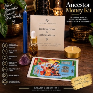 Peut inclure: Un kit d'argent pour les ancêtres comprenant une bougie effilée bleue, un petit flacon d'huile rituelle avec compte-gouttes, un cristal violet, une bougie chauffe-plat dorée, une carte d'instructions et un papier illustré de personnages colorés.
