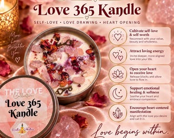 Love 365 Ritual Candle | Rose Quartz, Herbs, Love Drawing, Self-Love Manifestation