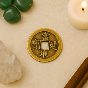 May include: A close-up of a round, antique brass coin with Chinese characters. The coin has a square hole in the centre and is surrounded by other objects, including green stones, a candle, and a crystal.