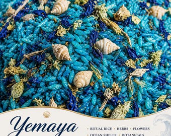 May include: A handcrafted botanical ritual blend featuring bright blue rice grains, dried deep blue flower petals, light green herbs, and small tan spiral seashells. The text reads HANDCRAFTED BOTANICAL RITUAL BLEND, Yemaya KONJURE RICE, RITUAL RICE, HERBS, FLOWERS, OCEAN SHELLS, BOTANICALS, INTENTION.