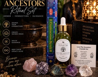 Puede incluir: Un set ritual que incluye un frasco de 2oz de aceite Conjure Oil de Kreative Vibrations, una caja de incienso Hem Frankincense-Myrrh y cinco cristales en bruto como cuarzo rosa, lepidolita, labradorita, amatista y cuarzo claro con tarjeta.