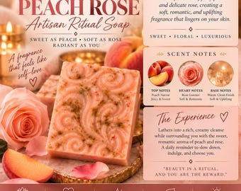 May include: A rectangular peach-colored artisan soap bar with a swirled texture, displayed alongside a fresh peach and a pink rose. The image includes text describing the product as Peach Rose Artisan Ritual Soap with peach and rose scent notes.