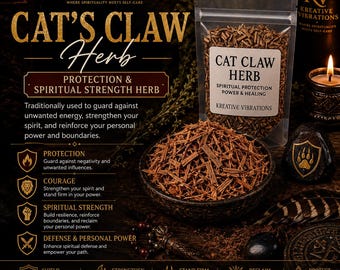 Puede incluir: Una bolsa de plástico transparente llena de hierba de uña de gato marrón, acompañada de un cuenco oscuro que contiene la misma hierba seca. El envase presenta el texto "CAT CLAW HERB" y "KREATIVE VIBRATIONS", junto a varios iconos y texto.