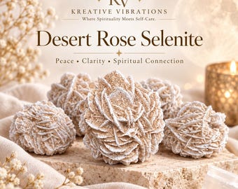 Puede incluir: Cinco grupos de cristales de selenita rosa del desierto con una estructura en capas de color canela y blanco similar a pétalos. El texto dice: KV KREATIVE VIBRATIONS Where Spirituality Meets Self-Care. Desert Rose Selenite Peace • Clarity • Spiritual Connection.