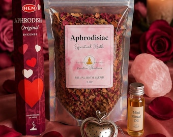 Op de afbeelding: Een Aphrodisiac Ritual Kit met een zeshoekige doos Hem Aphrodisia wierook, een zak van 5 oz Aphrodisiac Spiritual Bath badmengsel, een klein flesje rituele olie en een zilverkleurige hartvormige metalen thee-ei voor ritueel gebruik.
