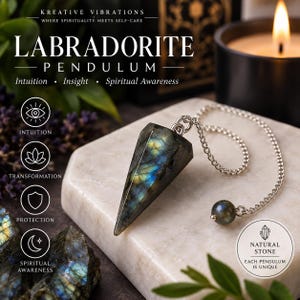May include: A faceted labradorite pendulum with iridescent blue and gold flashes, attached to a silver-toned metal chain featuring a small round labradorite bead at the end. The text reads KREATIVE VIBRATIONS LABRADORITE PENDULUM Intuition Insight Spiritual Awareness.