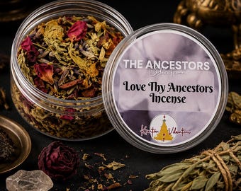 May include: A clear plastic jar filled with loose incense containing dried flower petals, herbs, and botanicals. The lid features a label with the text 'THE ANCESTORS Collection, Love Thy Ancestors Incense' and a small golden pagoda icon.